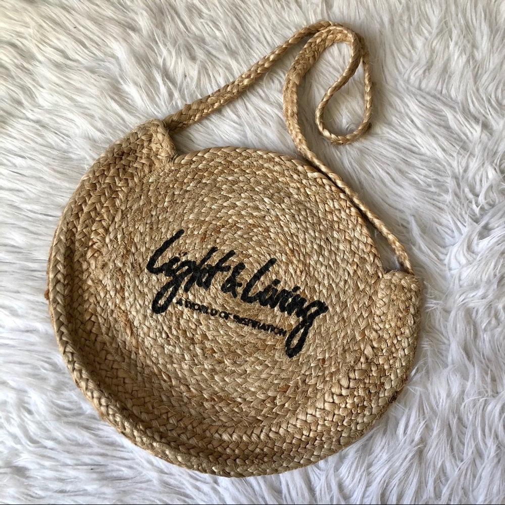 Round straw woven crossbody bag, tan